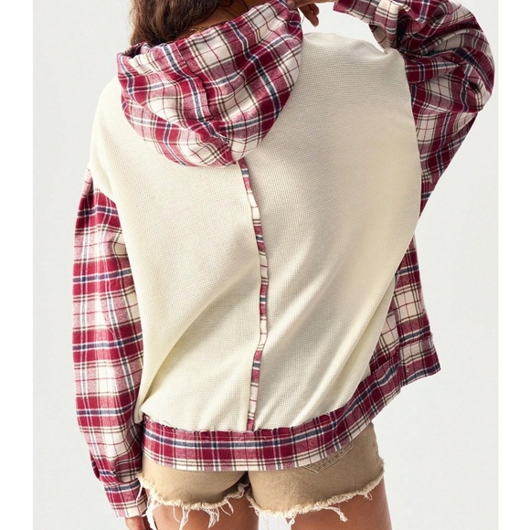 Boho Plaid Star Hoodie Loose Fit Drawstring Top - Picture 5 of 6